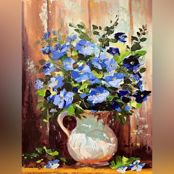 Handmade Other - Rustic Floral Canvas with Blue and Green Accents